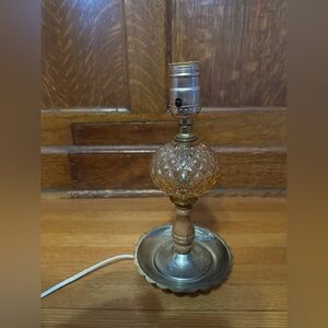 Vintage Pink Glass, Wood Neck, and Metal Base Lamp